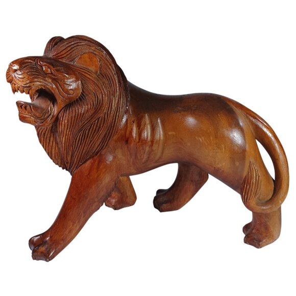Set o2 Huge Hand-Carved Mid Century Wooden Wood  Roaring Lion Statues 17x13 - Picture 13 of 16
